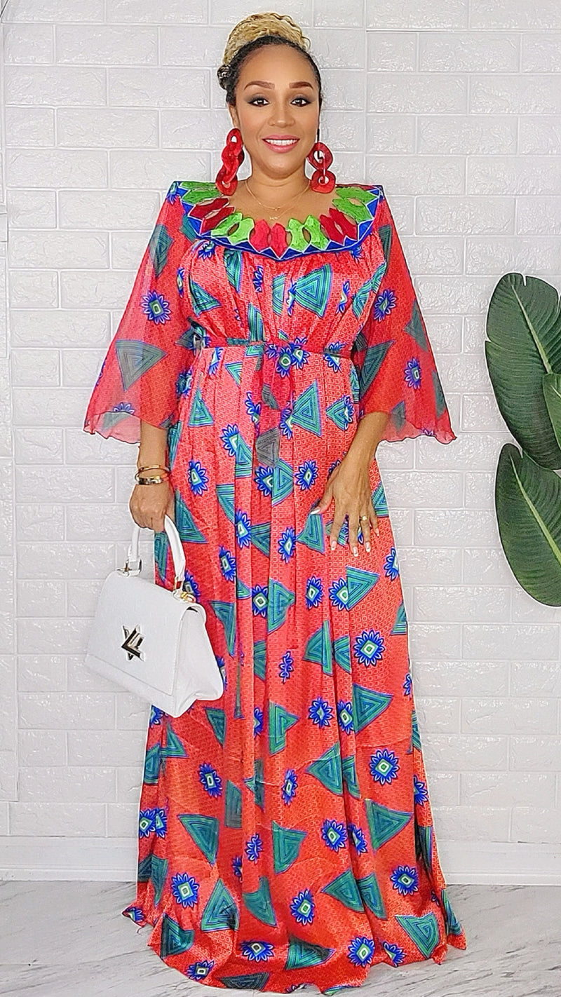081424 Red & Teal Handmade African  Print Maxi Dress
