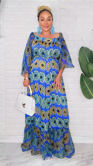 042124 The Blue & Yellow Handmade Embroidered African Print Maxi Dress