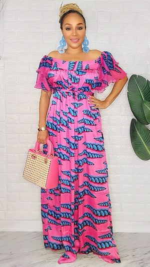 041824 The Fuschia Blue Handmade Embroidered African Print Maxi Dress