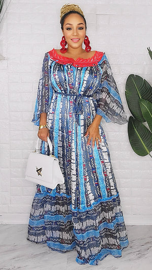 082123 The Blue Handmade Embroidered African  Print Maxi Dress