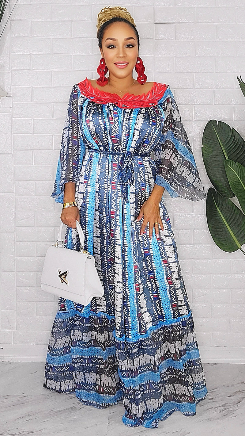 082123 The Blue Handmade Embroidered African  Print Maxi Dress