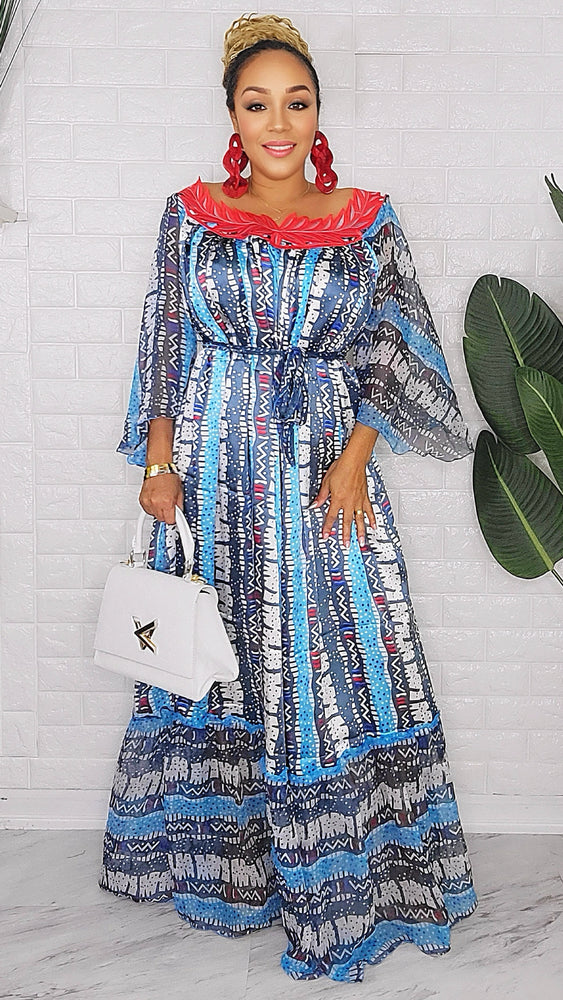 082123 The Blue Handmade Embroidered African  Print Maxi Dress