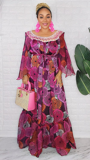 081424 Fuschia Florals Handmade African Print Maxi Dress