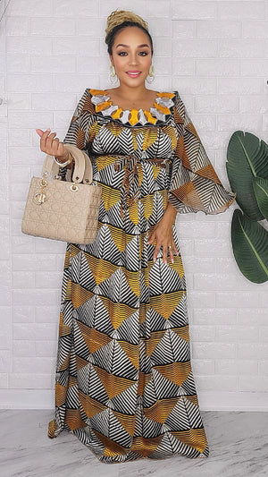 082123 The Mustard & Black Handmade Embroidered African  Print Maxi Dress