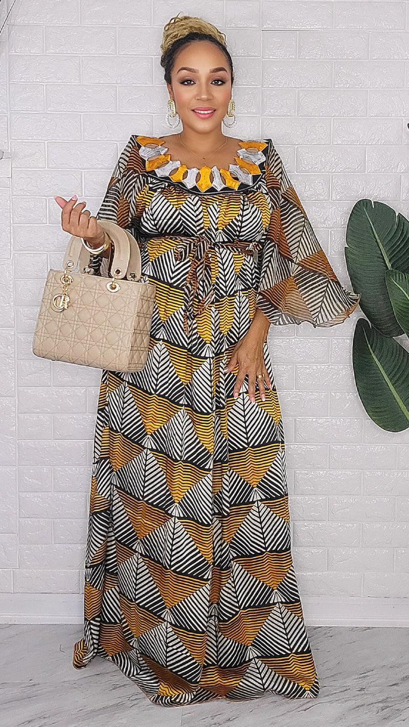 082123 The Mustard & Black Handmade Embroidered African  Print Maxi Dress