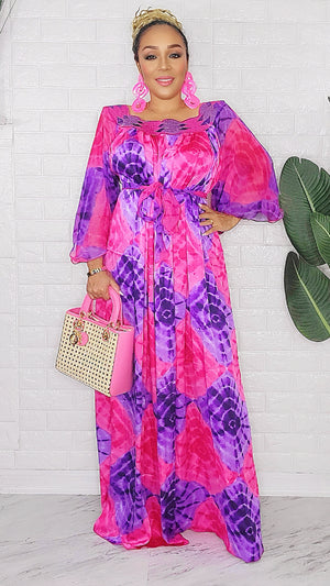 081424 The Fuschia Tie Dye Handmade African  Print Maxi Dress