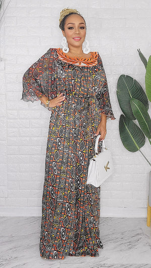 121623 The Black Bogolan Print  Handmade Embroidered African Print Maxi Dress