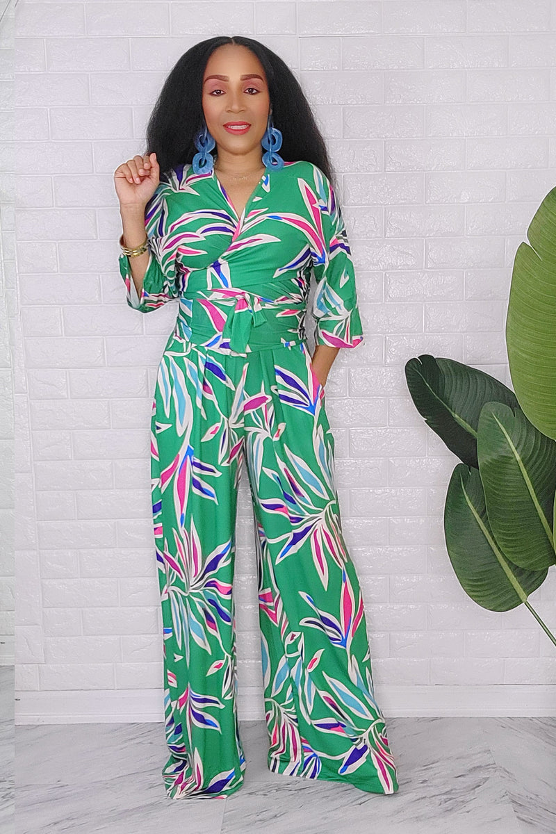040424 The Green Florals Wrap Top and Palazzo Pant Set
