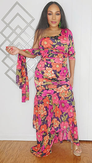040225 Florals Print One Shoulder Top and Skirt Set