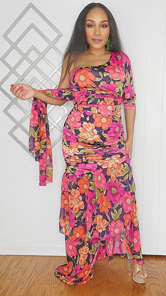 040225 Florals Print One Shoulder Top and Skirt Set