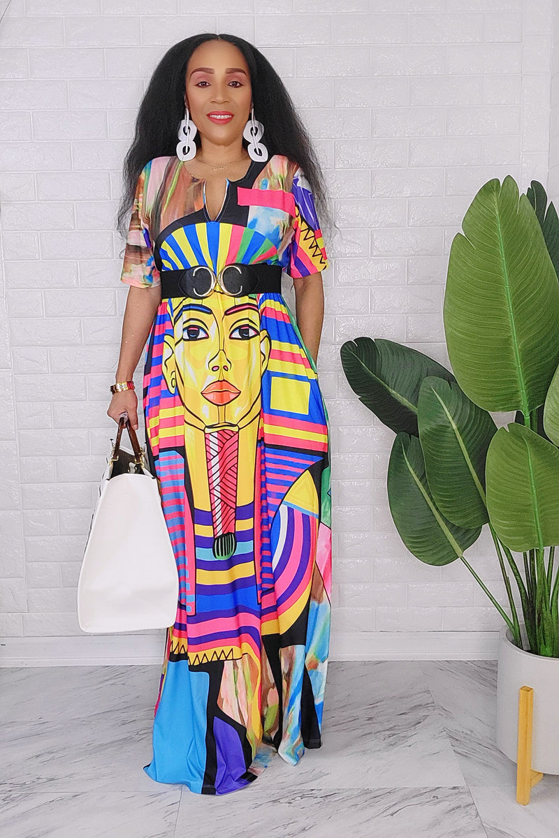 040424 Pharaoh Face Print Maxi Dress