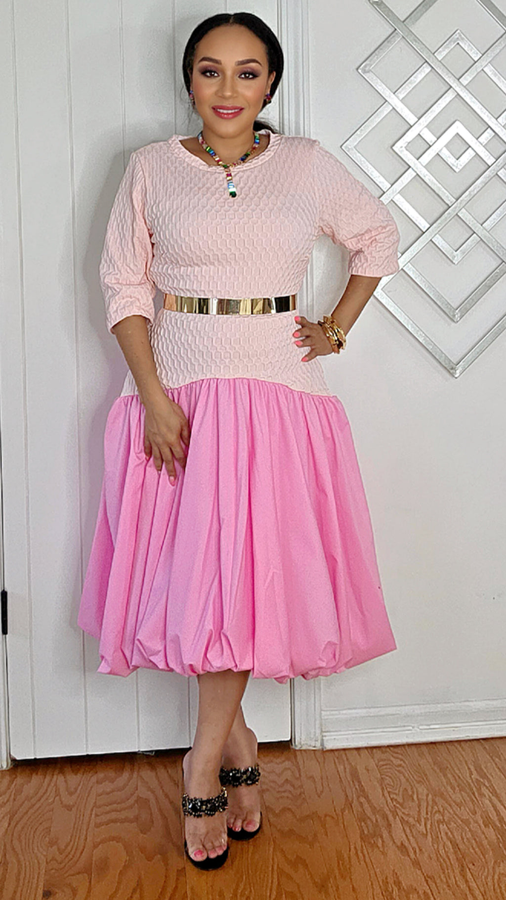 062725 Pink Bubble Quarter Sleeve Dress