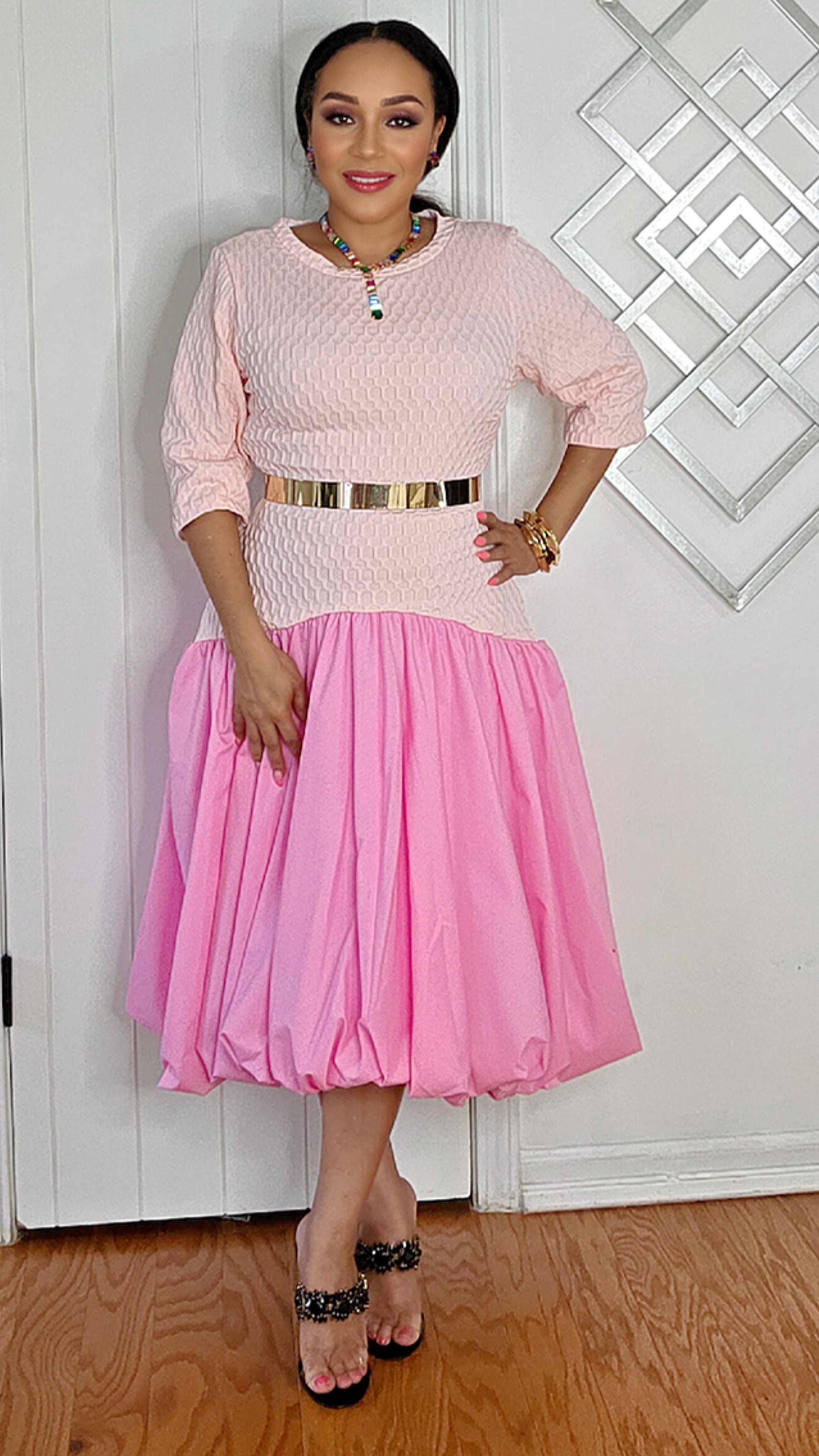 062725 Pink Bubble Quarter Sleeve Dress