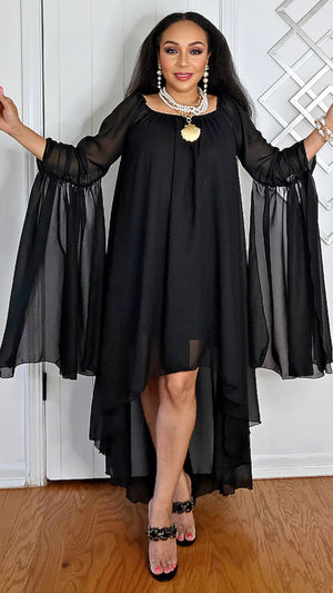 062525 The Summer High-Low Chiffon Dress with Dramatic Sleeve - Black
