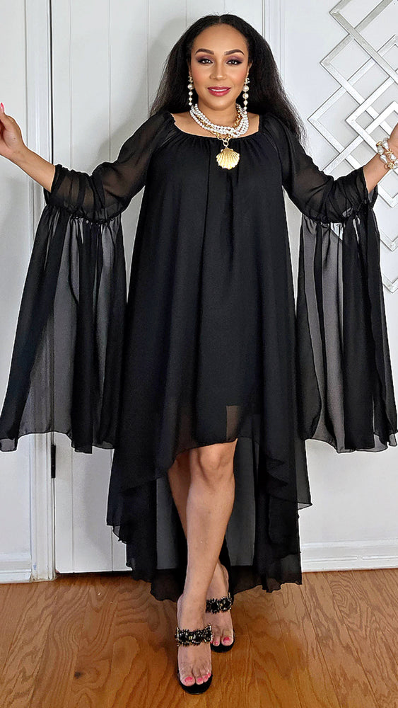 062525 The Summer High-Low Chiffon Dress with Dramatic Sleeve - Black