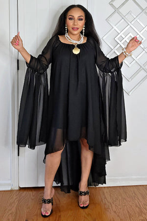 062525 The Summer High-Low Chiffon Dress with Dramatic Sleeve - Black