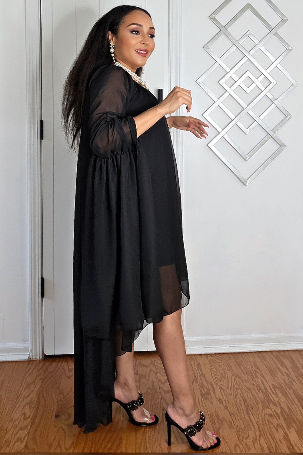062525 The Summer High-Low Chiffon Dress with Dramatic Sleeve - Black