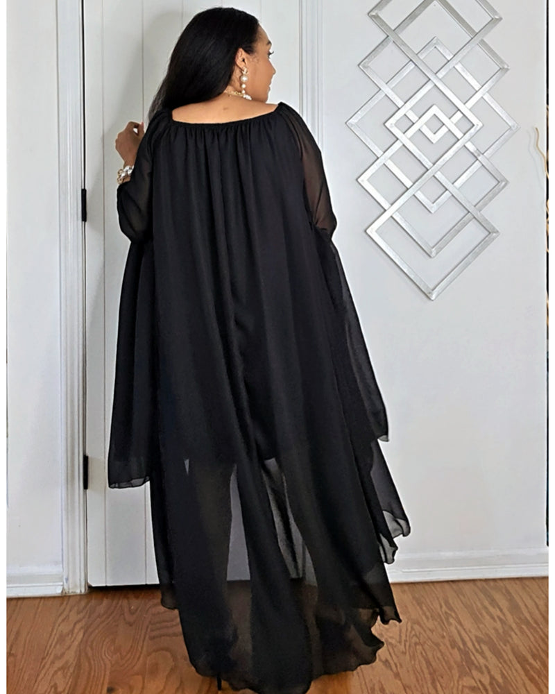 062525 The Summer High-Low Chiffon Dress with Dramatic Sleeve - Black