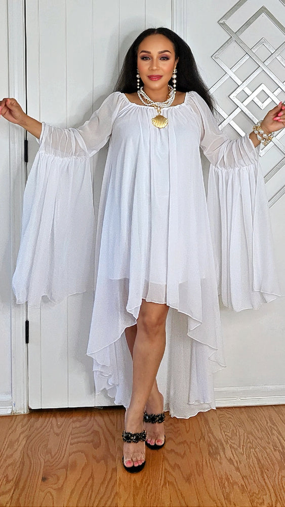 062525 The Summer High-Low Chiffon Dress with Dramatic Sleeve - White