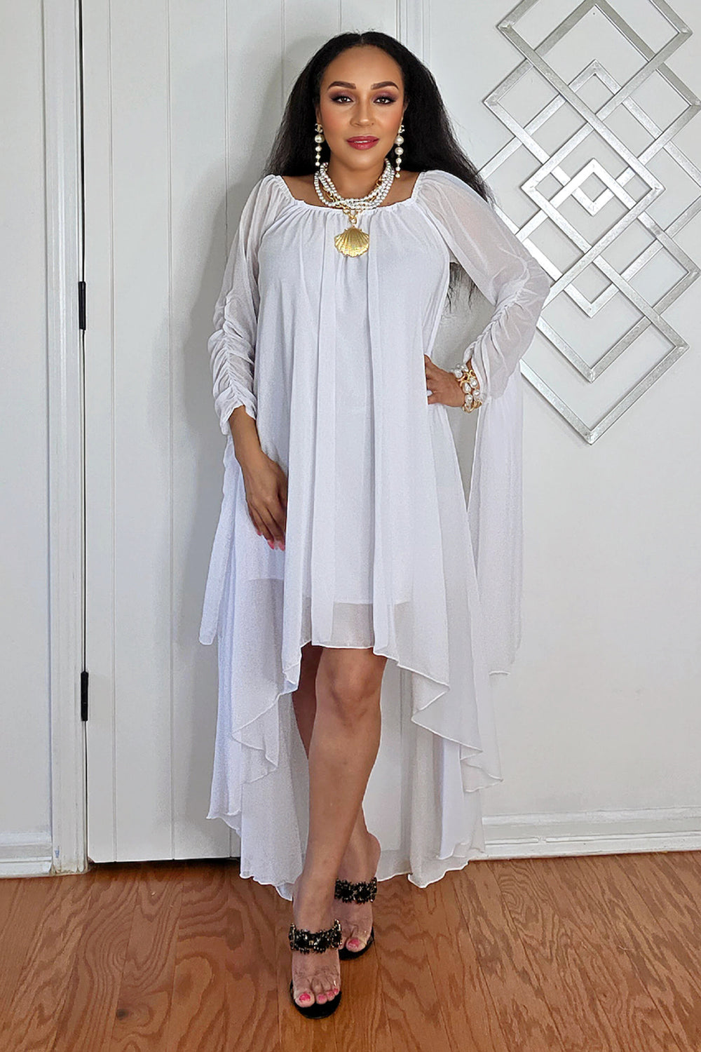 062525 The Summer High-Low Chiffon Dress with Dramatic Sleeve - White