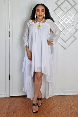 062525 The Summer High-Low Chiffon Dress with Dramatic Sleeve - White