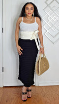100625 Black Elastic Waist waffle Midi Skirt