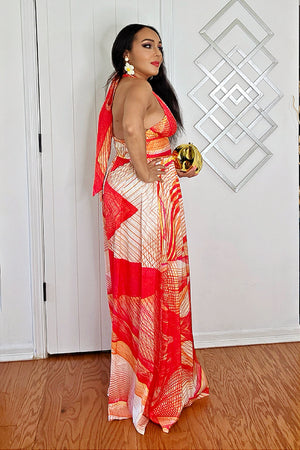 062725 The Orange Multi Halter Neck Palazzo Jumpsuit with Pockets