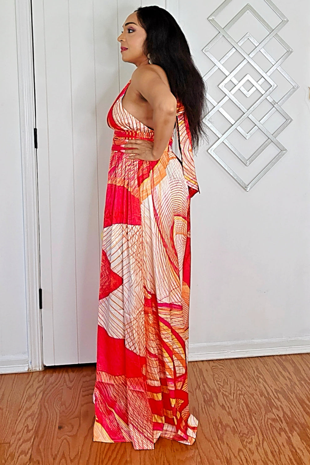 062725 The Orange Multi Halter Neck Palazzo Jumpsuit with Pockets