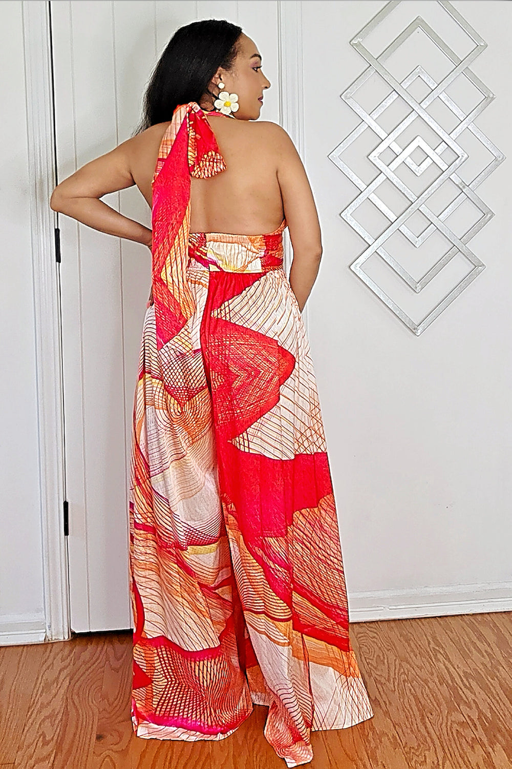 062725 The Orange Multi Halter Neck Palazzo Jumpsuit with Pockets