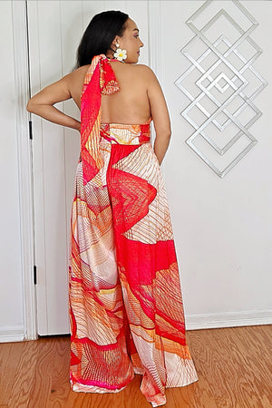062725 The Orange Multi Halter Neck Palazzo Jumpsuit with Pockets