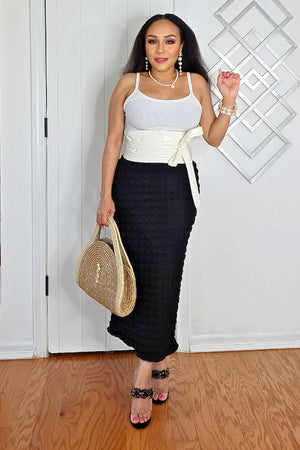 100625 Black Elastic Waist waffle Midi Skirt
