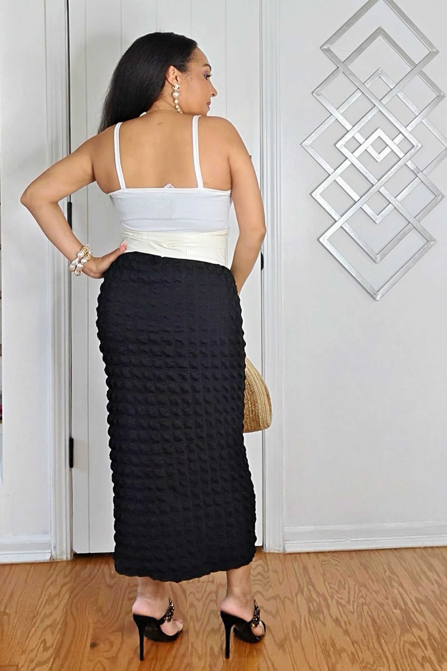 100625 Black Elastic Waist waffle Midi Skirt