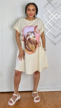 062025 Beige Short Sleeve Tunic Graphic Mini Dress with Pockets