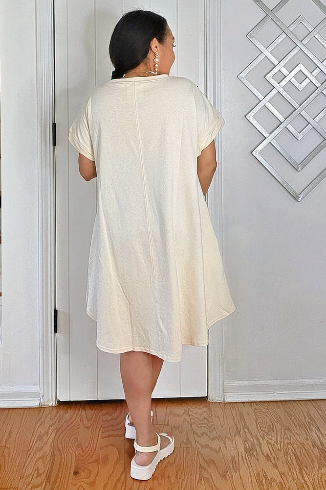 062025 Beige Short Sleeve Tunic Graphic Mini Dress with Pockets