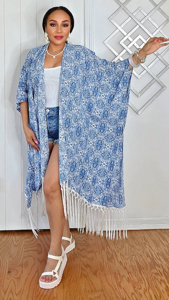 061025 Denim Blue Print Short Sleeve Finge Kimono Duster