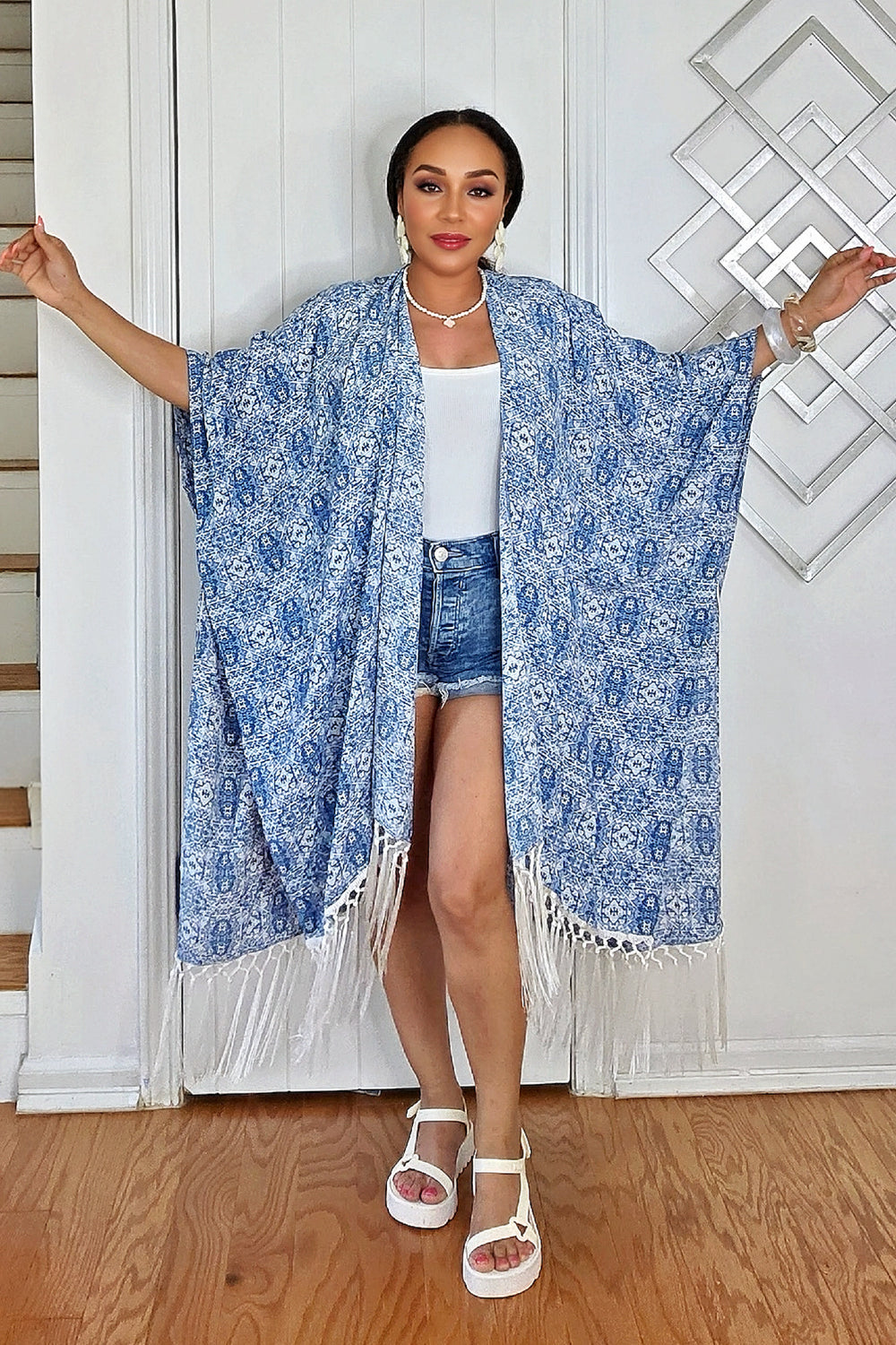 061025 Denim Blue Print Short Sleeve Finge Kimono Duster