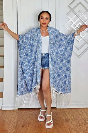 061025 Denim Blue Print Short Sleeve Finge Kimono Duster