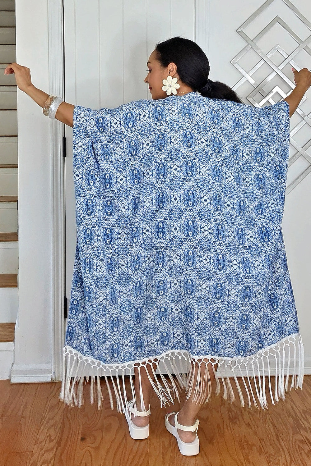 061025 Denim Blue Print Short Sleeve Finge Kimono Duster