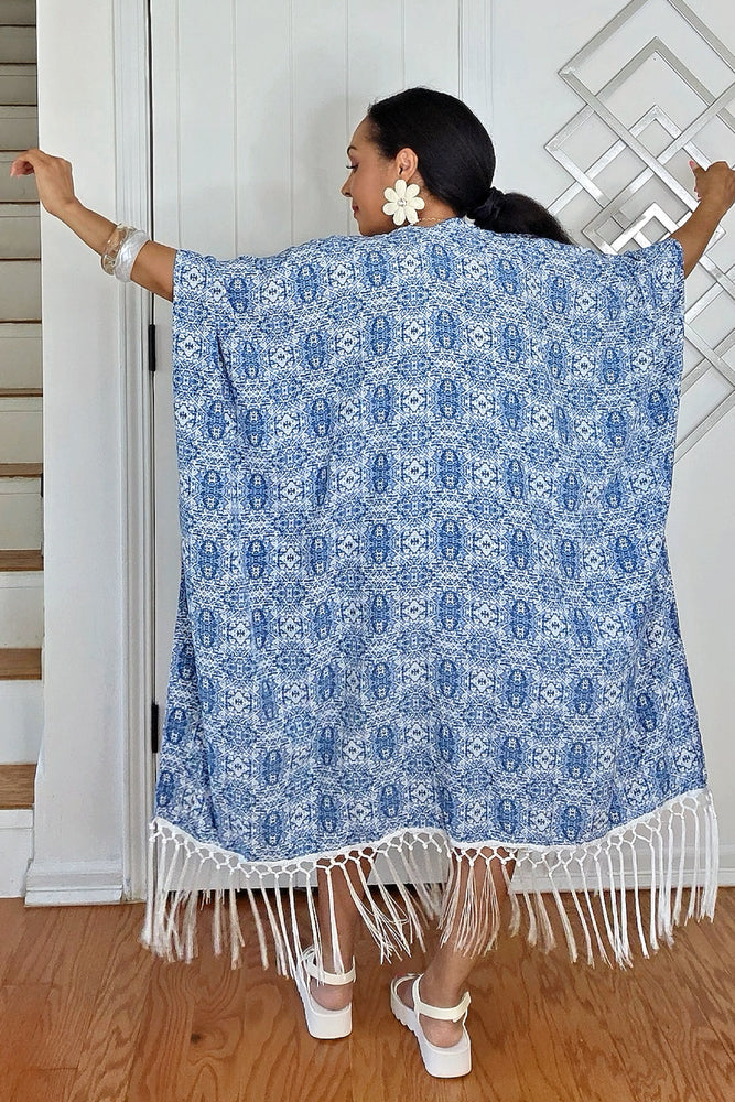 061025 Denim Blue Print Short Sleeve Finge Kimono Duster