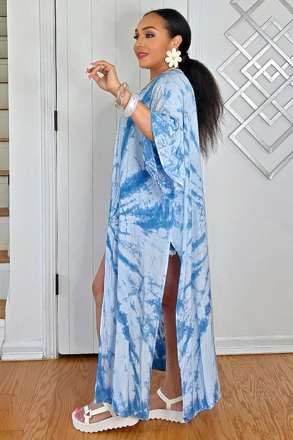061025 Blue Tie Dye Open Front Kimono Duster