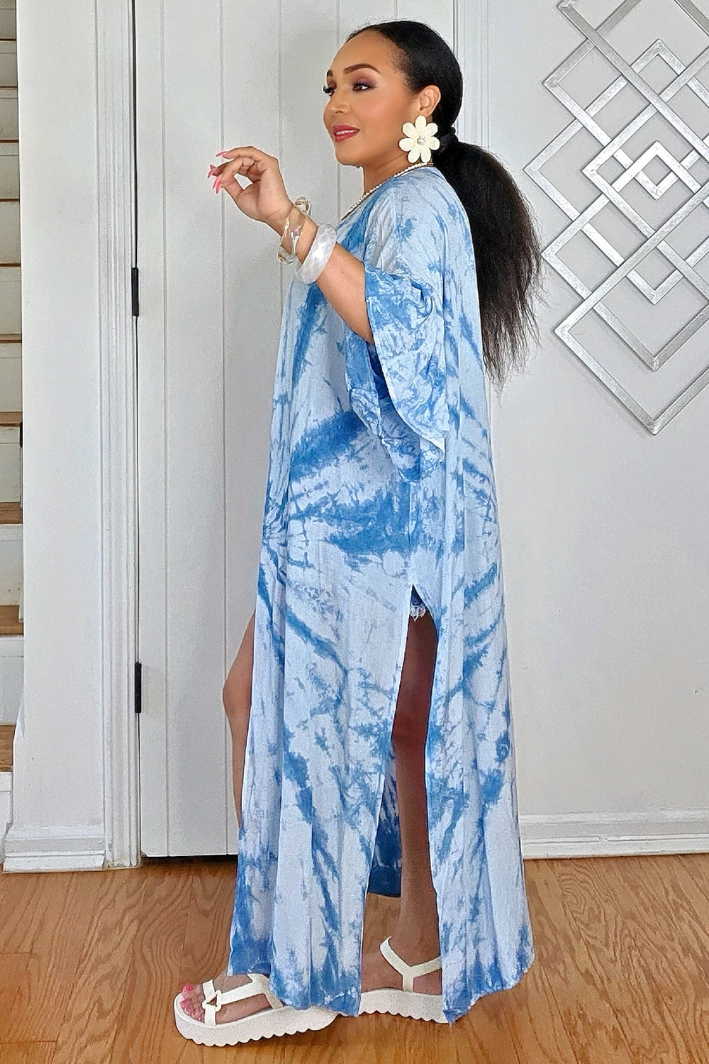 061025 Blue Tie Dye Open Front Kimono Duster