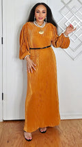 061025 Sophia Brown Long Puff Sleeve Ribbed Belted Maxi Dress