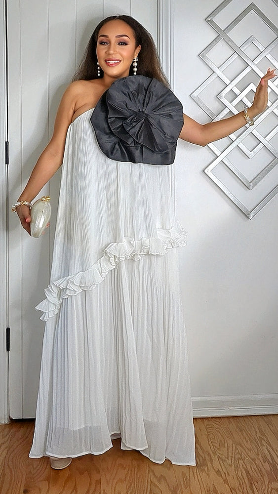 062725 White One Shoulder Sleeveless Tiered w Black Flower Details Maxi Dress