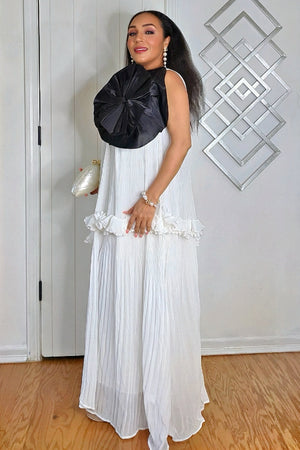 062725 White One Shoulder Sleeveless Tiered w Black Flower Details Maxi Dress