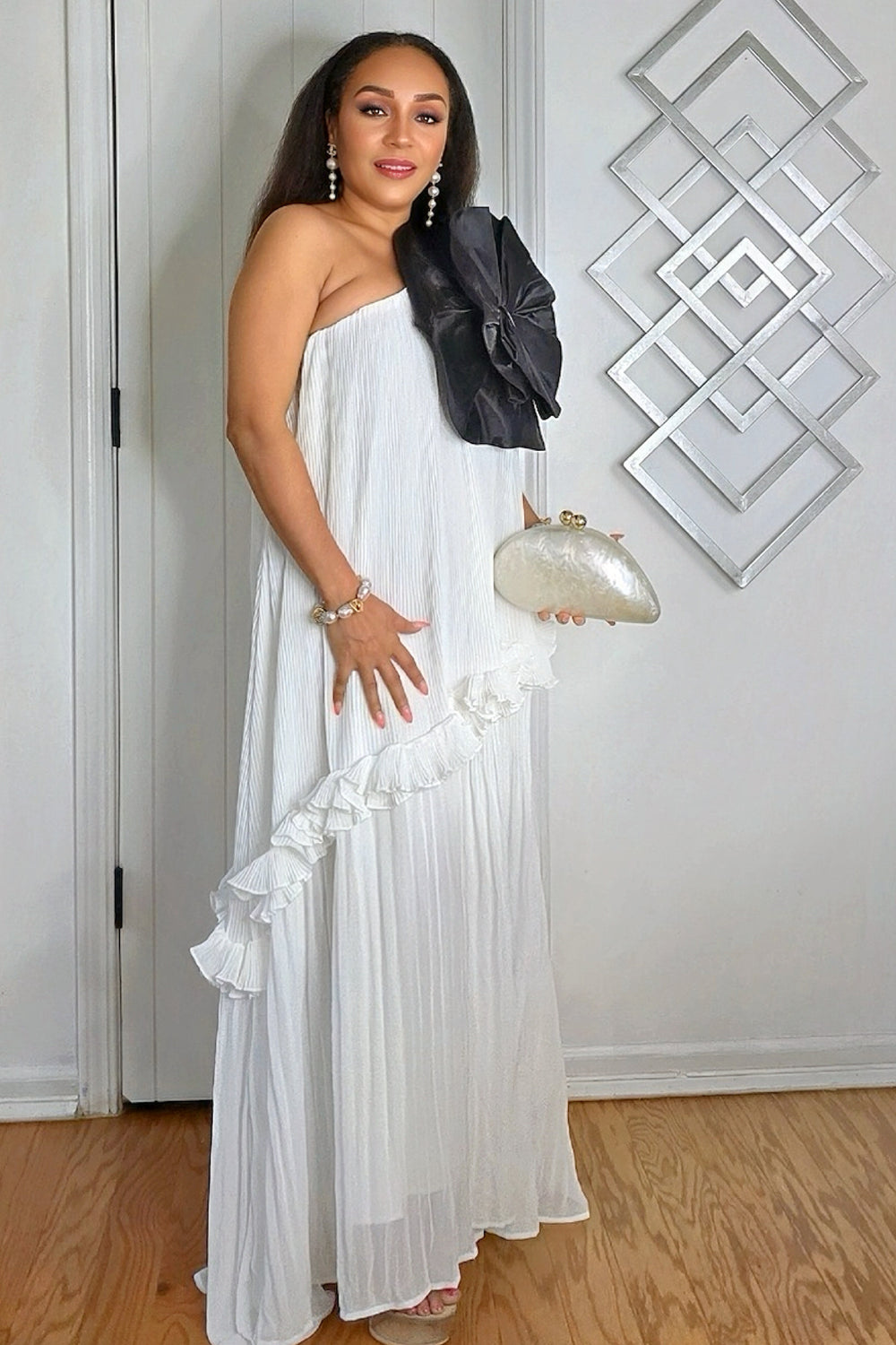 062725 White One Shoulder Sleeveless Tiered w Black Flower Details Maxi Dress