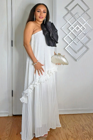 062725 White One Shoulder Sleeveless Tiered w Black Flower Details Maxi Dress