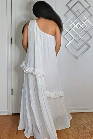 062725 White One Shoulder Sleeveless Tiered w Black Flower Details Maxi Dress