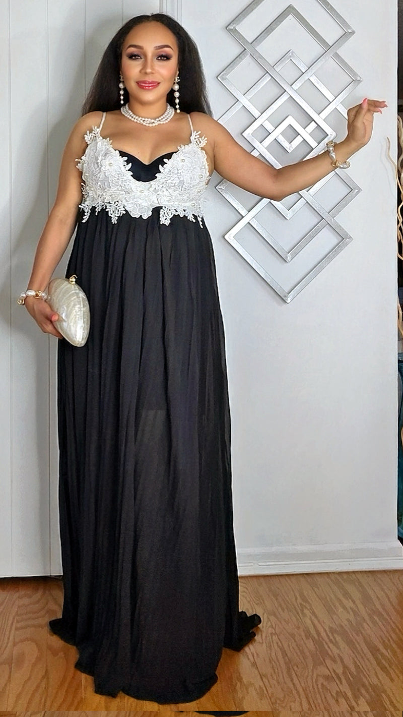 062725 Black & White Crochet Top Details Sleeveless Maxi Dress Medium 062725 Black & White Crochet Top Details Sleeveless Maxi Dress Medium