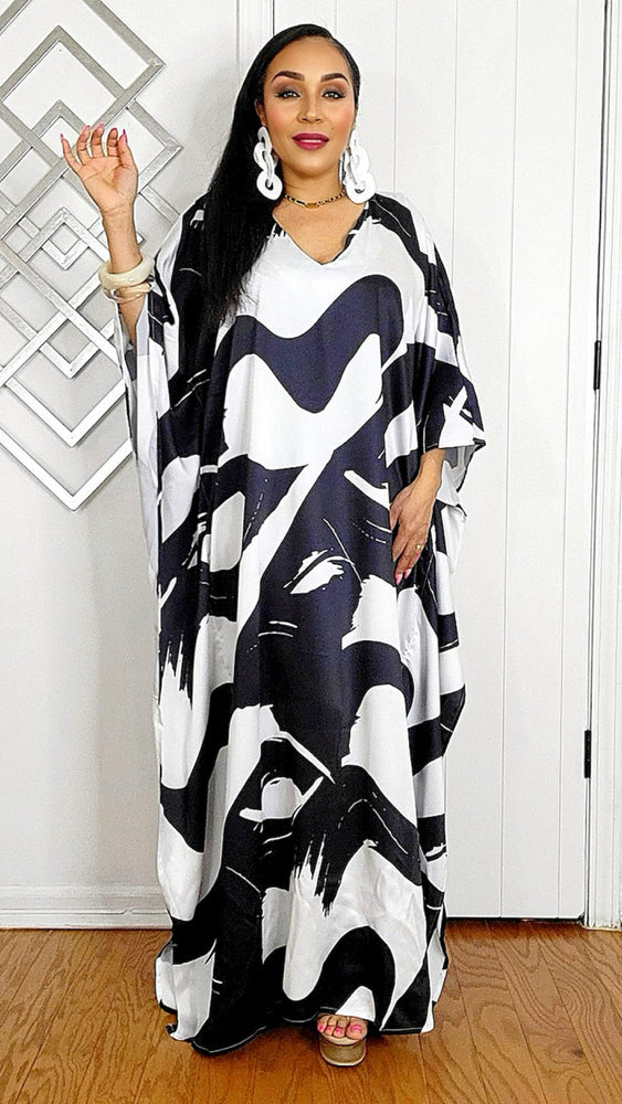 032925 Le Noir & Blanc Satin BOUBOU Caftan Dress