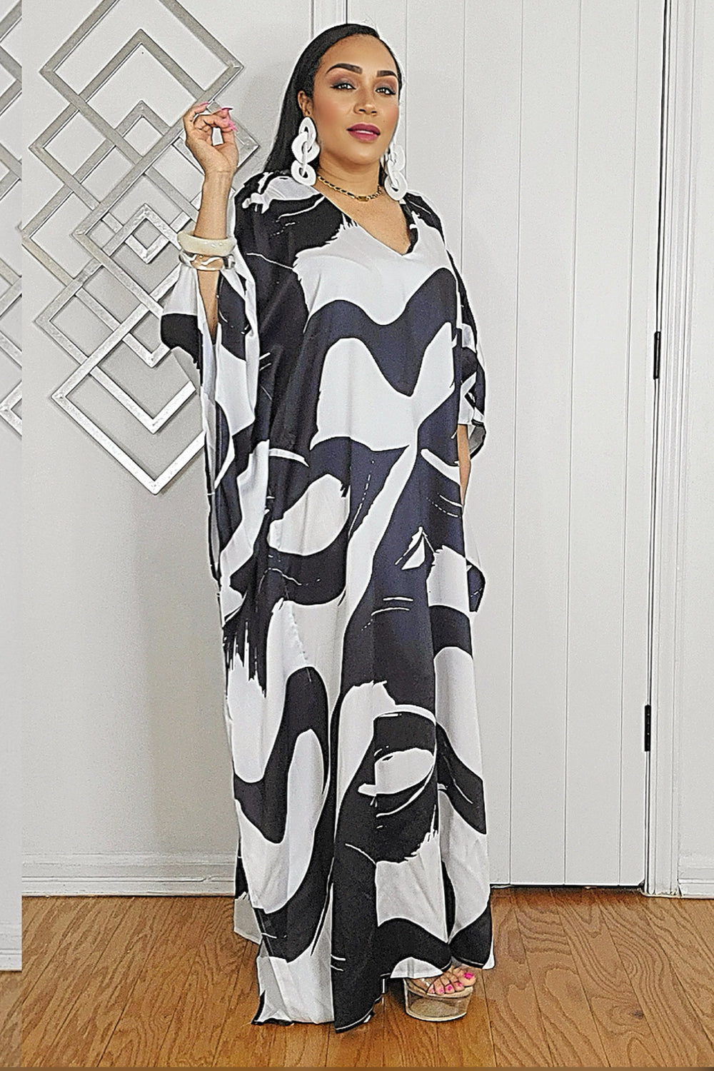 032925 Le Noir & Blanc Satin BOUBOU Caftan Dress